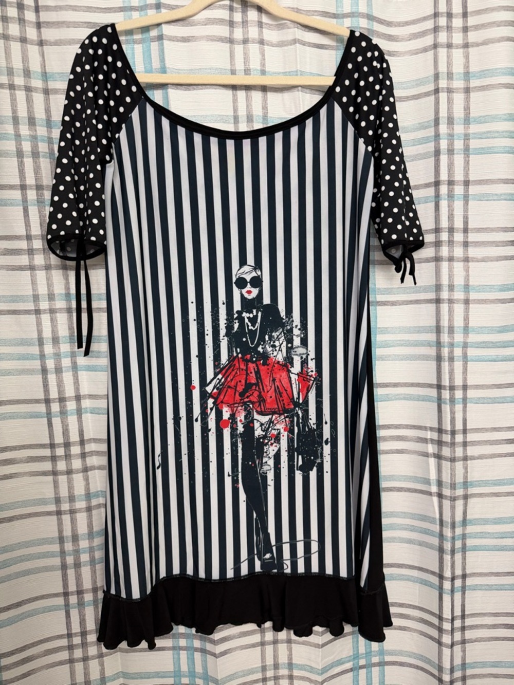 Striped Graphic Dress with Polka Dot Sleeves
